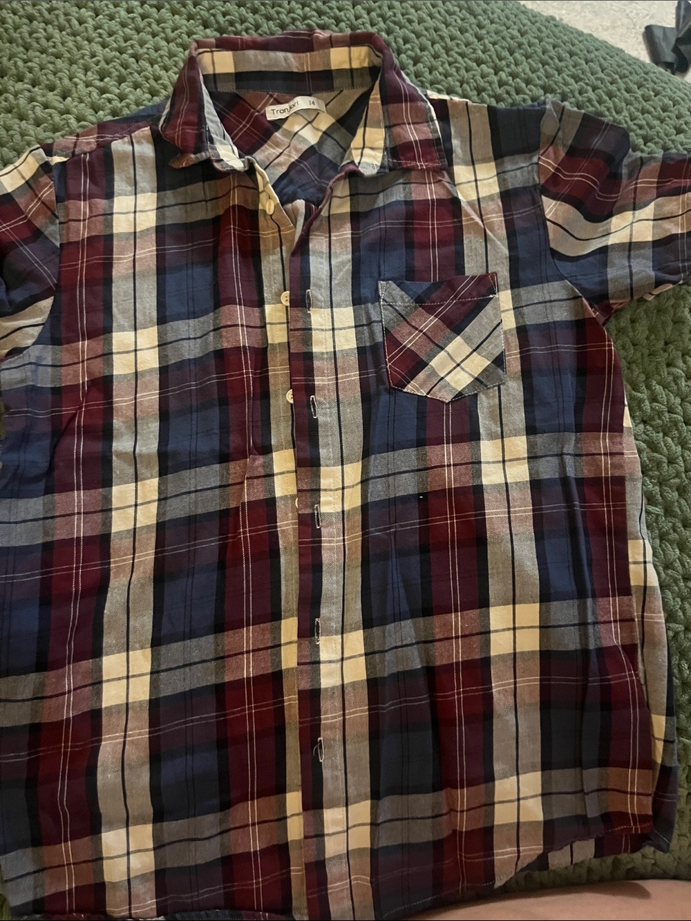 Revo Short-Sleeve Plaid Button-Down Shirt — Navy, Burgundy & Cream